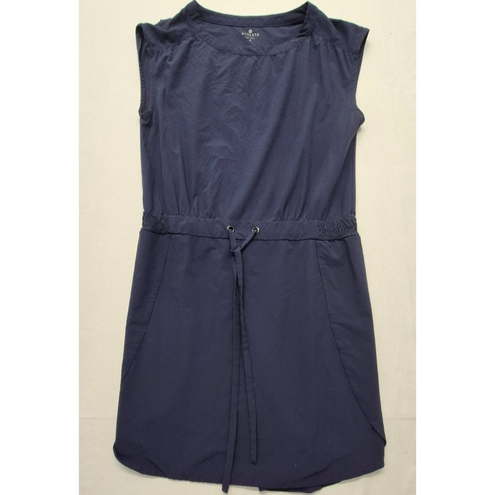 Athleta navy blue sleeveless drawstring waist pockets casual dress sz 4 athletic